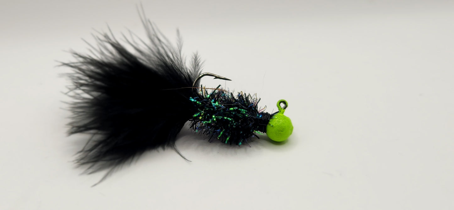 Black and chartreuse beetle bou jig